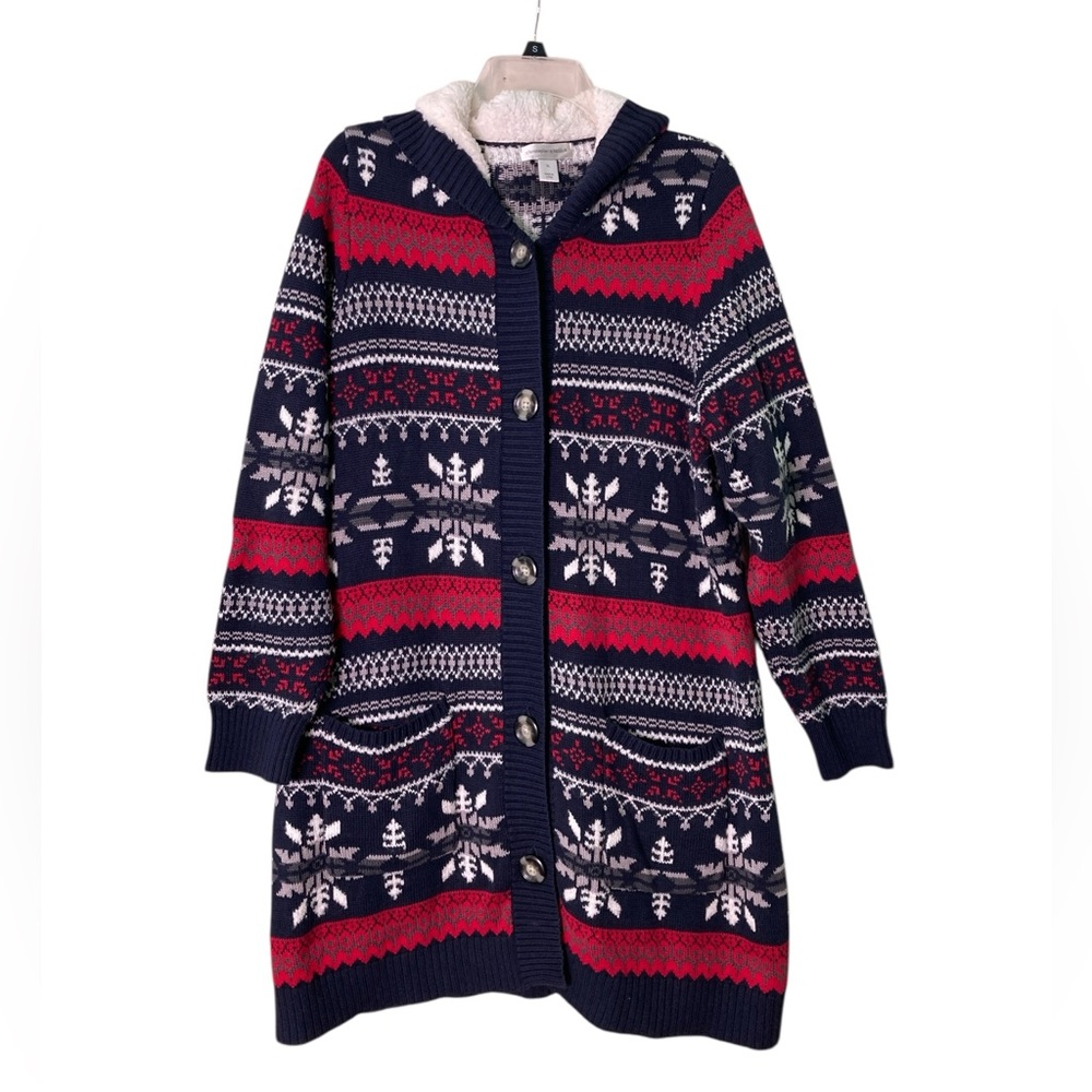 Christopher & Banks Navy and Red Snowflake Cardigan